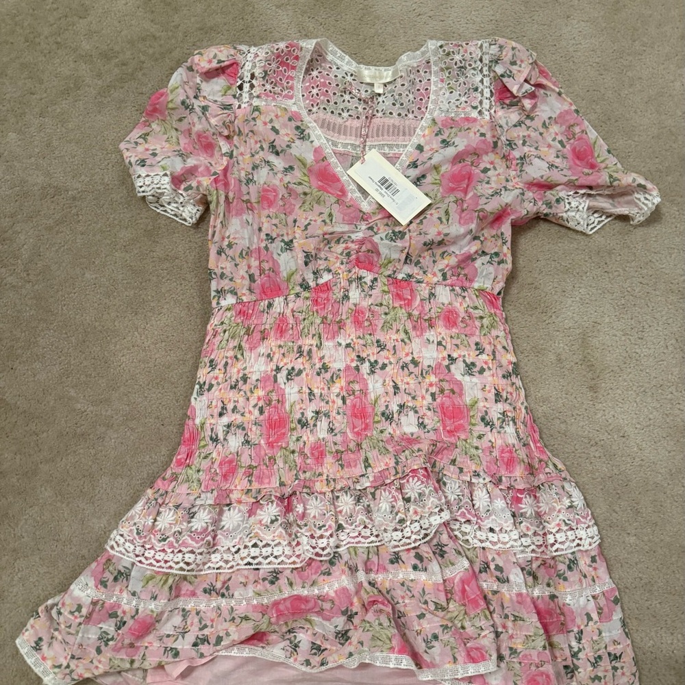 LoveShackFancy Pink and Gray Ruffled Mini Sundress